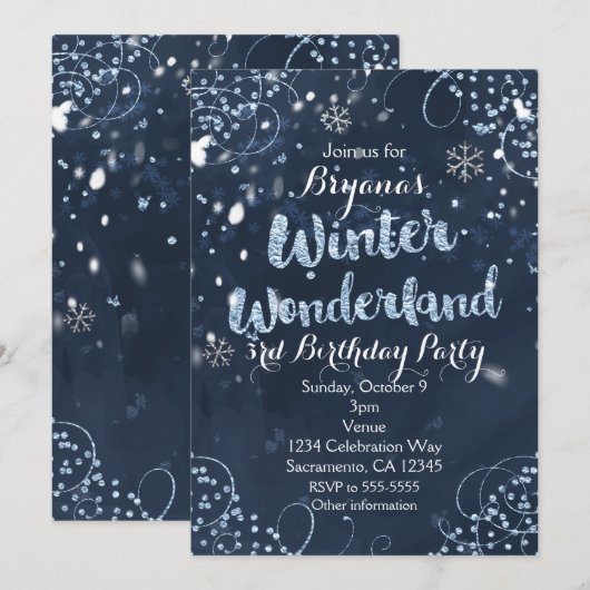 Winter Wonderland Blue Elegant Party Uitnodigingen (Voorkant / Achterkant)