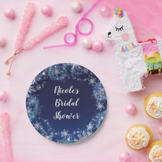 Winter Wonderland Blue en White Sparkle Snowflakes Papieren Bordje (Feest)