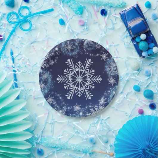 Winter Wonderland Blue en White Sparkle Snowflakes Papieren Bordje (Feest)
