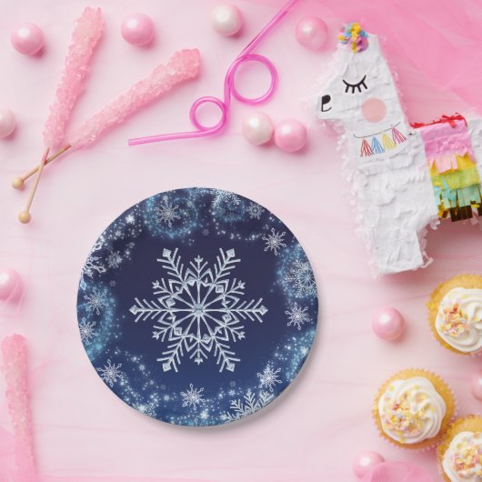 Winter Wonderland Blue en White Sparkle Snowflakes Papieren Bordje (Feest)