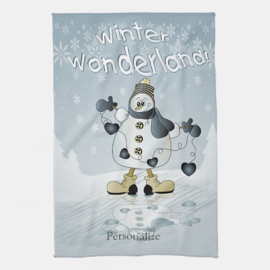 Winter Wonderland Blue Heart Snowmen Theedoek (Verticaal)