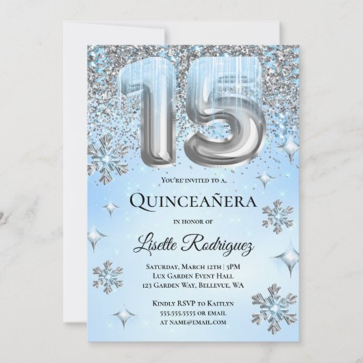 Winter Wonderland Blue Silver Balloons Quinceanera Kaart (Voorkant)