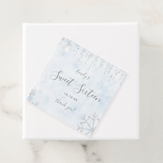 Winter Wonderland Blue Silver Snow Ice Sweet 16 Bedankjes Labels (In situ)
