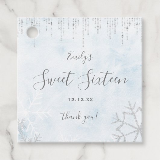 Winter Wonderland Blue Silver Snow Ice Sweet 16 Bedankjes Labels (Voorkant)