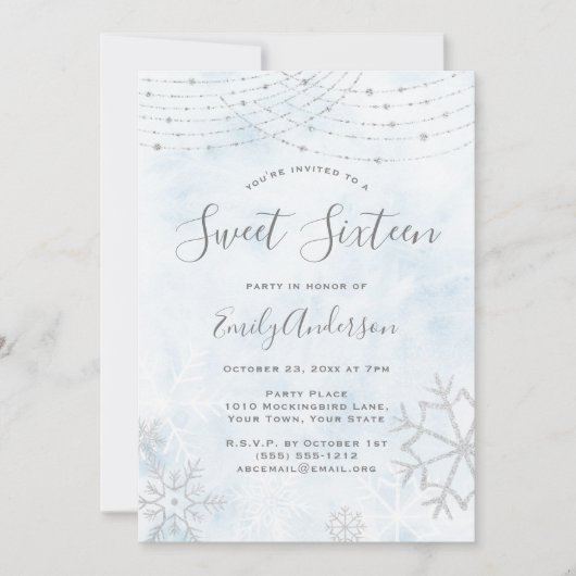 Winter Wonderland Blue Silver Snowflake Sweet 16 Kaart (Voorkant)