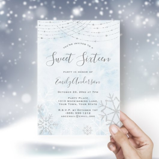 Winter Wonderland Blue Silver Snowflake Sweet 16 Kaart