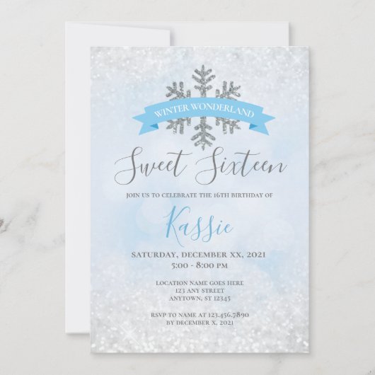 Winter Wonderland Blue Silver Sweet 16 Birthday Kaart (Voorkant)