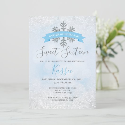 Winter Wonderland Blue Silver Sweet 16 Birthday Kaart (Staand voorkant)