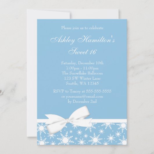 Winter Wonderland Blue Snowflake Bow Sweet 16 Kaart (Voorkant)