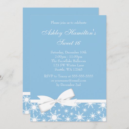 Winter Wonderland Blue Snowflake Bow Sweet 16 Kaart (Voorkant / Achterkant)