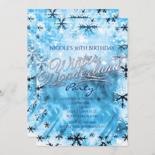 Winter Wonderland Blue Snowflakes Party Invitation Kaart (Voorkant / Achterkant)