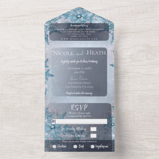 Winter Wonderland Blue Snowflakes Weddenschap All In One Uitnodiging (Binnen)