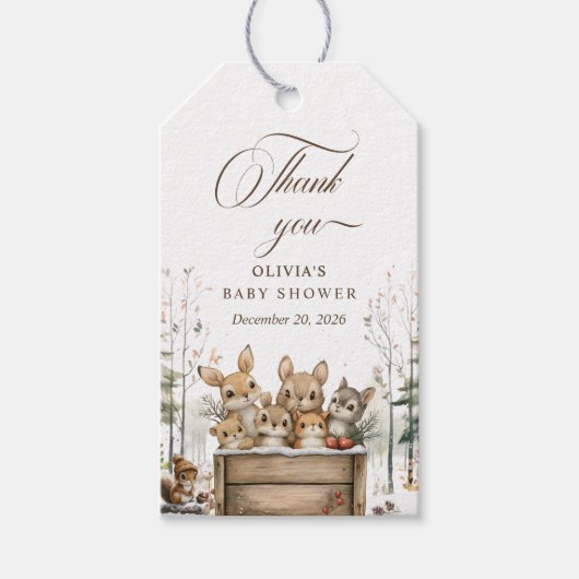 Winter Wonderland Bosdieren Baby Shower Cadeaulabel (Voorkant)