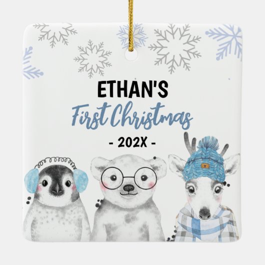 Winter Wonderland Boy Eerste Kerstmis Keramisch Ornament (Achterkant)