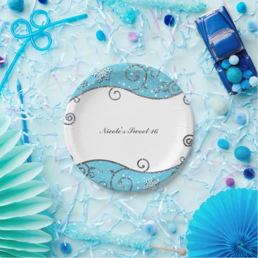 Winter Wonderland Bright Blue & Silver Swirls Papieren Bordje (Feest)