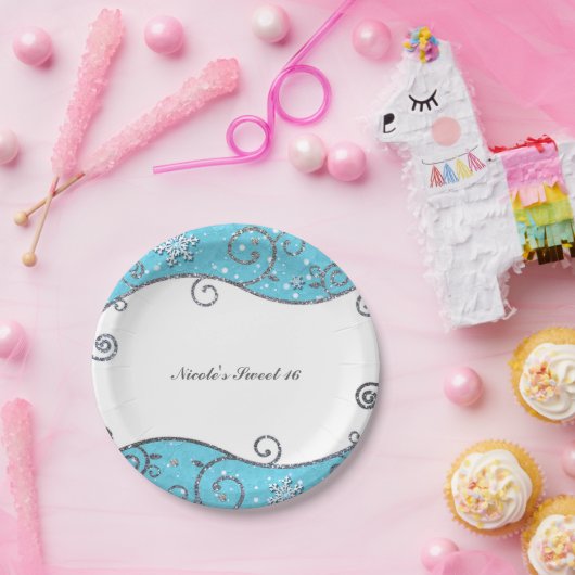 Winter Wonderland Bright Blue & Silver Swirls Papieren Bordje (Feest)