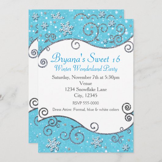 Winter Wonderland Bright Blue Snowflake uitnodigin Kaart (Voorkant / Achterkant)