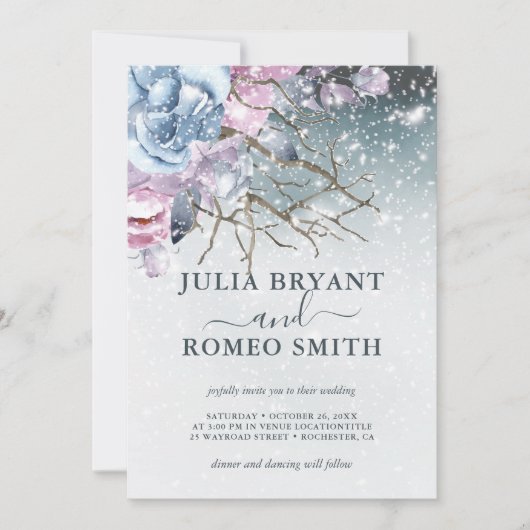 Winter Wonderland Bruiloft Bloemen Sneeuw Uitnodig Kaart (Voorkant)