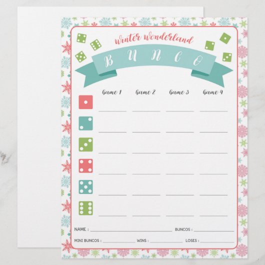 Winter Wonderland Bunco Party Game Score Kaart (Voorkant / Achterkant)