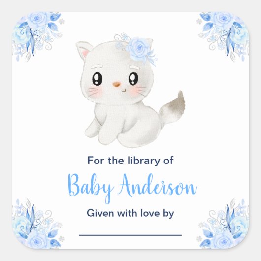 Winter Wonderland Cat Baby Shower Bookplate Vierkante Sticker (Voorkant)
