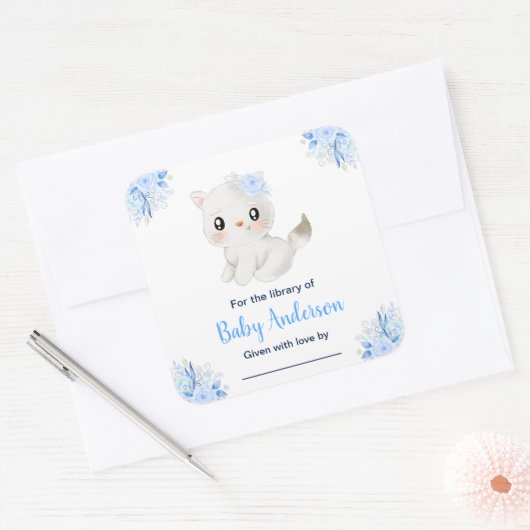 Winter Wonderland Cat Baby Shower Bookplate Vierkante Sticker (Envelop)