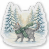 Winter Wonderland Cat Snowy Forest Scarf Christmas Sticker (Voorkant)