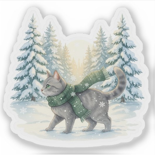 Winter Wonderland Cat Snowy Forest Scarf Christmas Sticker (Voorkant)