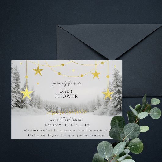 Winter Wonderland Chic Grey Gold Baby Shower Kaart