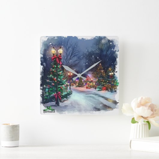 Winter Wonderland Christmas Village Wall Clock Vierkante Klok (Huis)