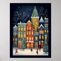 Winter Wonderland Cityscape Schattige Kerst Poster