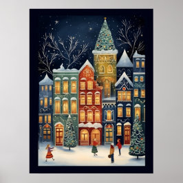 Winter Wonderland Cityscape Schattige Kerst Poster