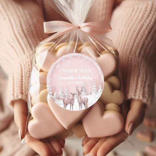 Winter Wonderland Dank u | Roze en herten Ronde Sticker