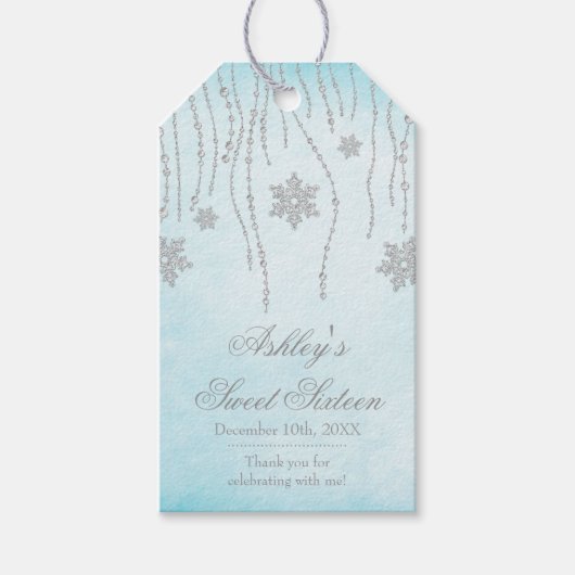 Winter Wonderland Diamant Sneeuwvlokken Zoet 16 Cadeaulabel (Voorkant)