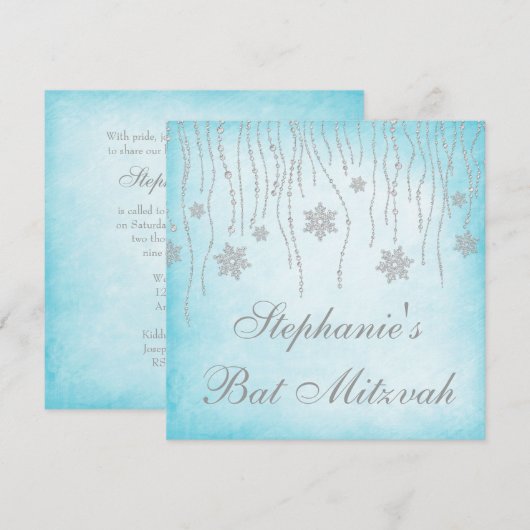 Winter Wonderland Diamond Snowflakes Bat Mitzvah Kaart (Voorkant / Achterkant)