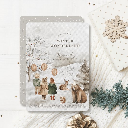 Winter Wonderland Dieren & Kids Verjaardag Kaart