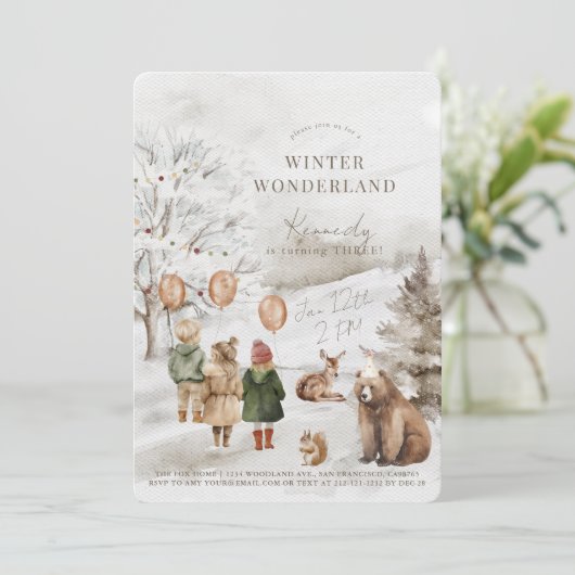 Winter Wonderland Dieren & Kids Verjaardag Kaart (Staand voorkant)