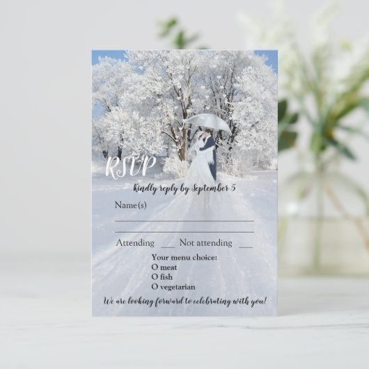 Winter Wonderland Dream Wedding RSVP Card Kaart (Staand voorkant)