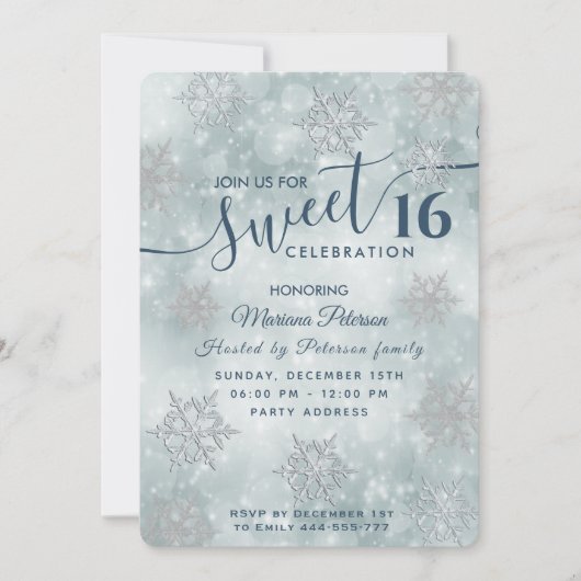 Winter wonderland dusty blue bokeh lief 16 invita kaart (Voorkant)