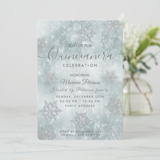 Winter wonderland dusty blue bokeh Quinceañera Kaart (Staand voorkant)