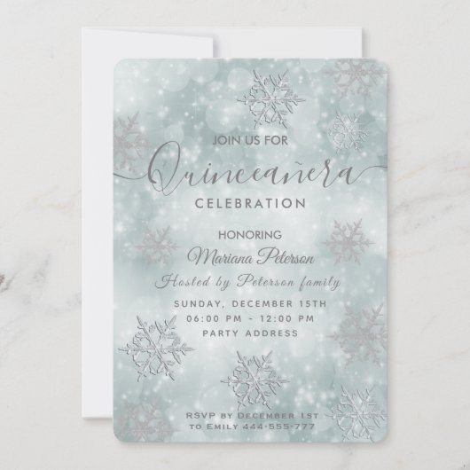 Winter wonderland dusty blue bokeh Quinceañera Kaart (Voorkant)