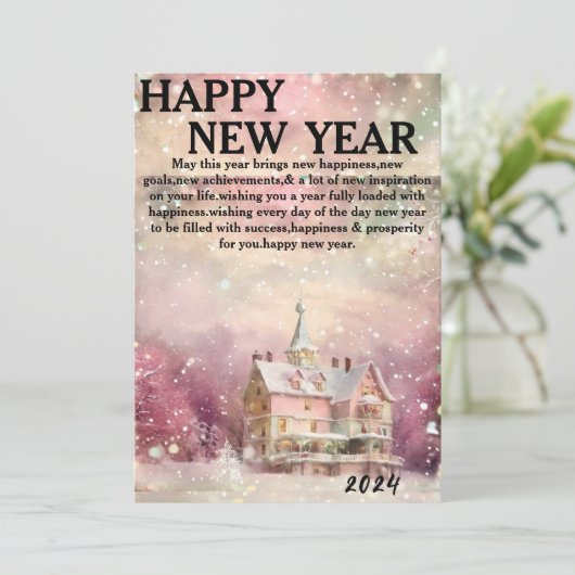 "Winter Wonderland: Een gezellig huis in roze en w Feestdagenkaart (Staand voorkant)