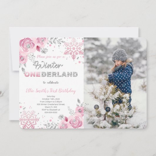 Winter Wonderland Eerste Verjaardag Foto Uitnodigi Kaart (Voorkant)