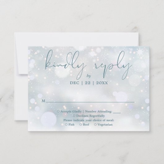 Winter Wonderland Elegant Script Sneeuwbruiloft RSVP Kaartje (Voorkant)