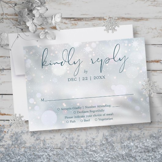 Winter Wonderland Elegant Script Sneeuwbruiloft RSVP Kaartje
