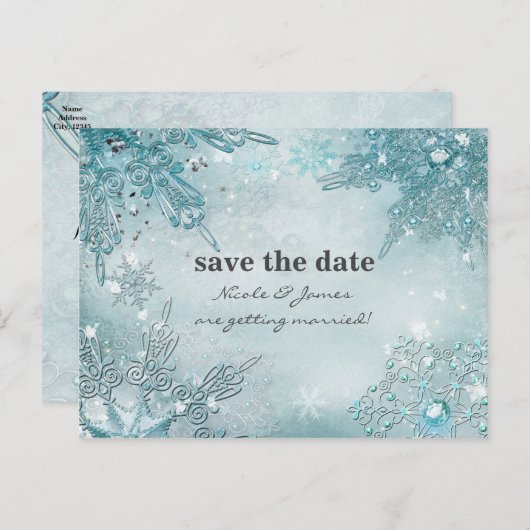Winter Wonderland Elegant Snowflakes Sparen de dat Aankondigingskaart (Voorkant / Achterkant)
