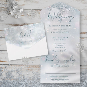 Winter Wonderland Elegante Script Sneeuw Bruiloft All In One Uitnodiging