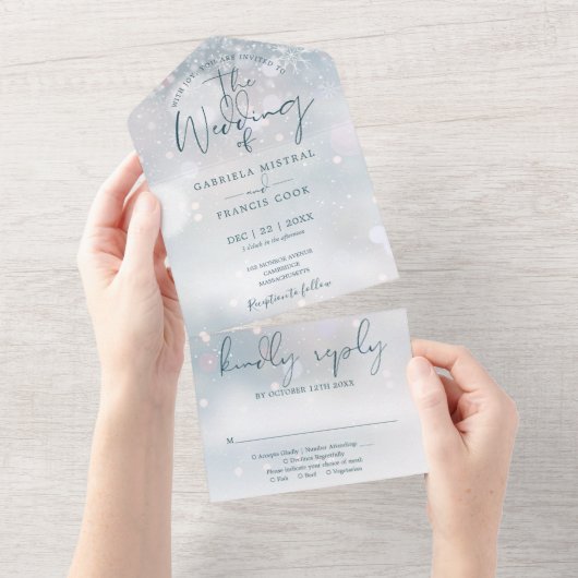 Winter Wonderland Elegante Script Sneeuw Bruiloft All In One Uitnodiging (Afscheurbaar)