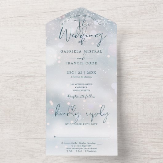 Winter Wonderland Elegante Script Sneeuw Bruiloft All In One Uitnodiging (Binnen)