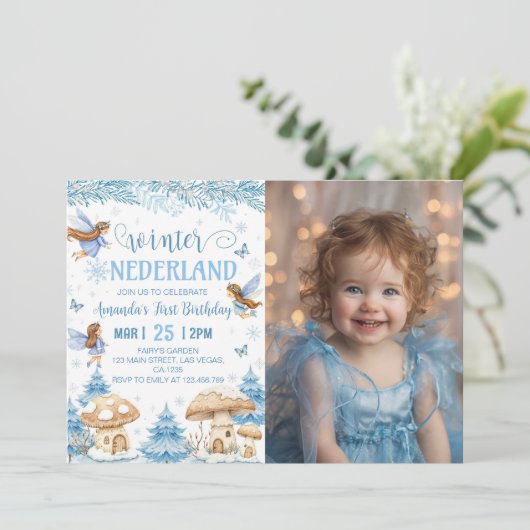 Winter Wonderland Fairy 1e Verjaardag Foto Kaart (Staand voorkant)