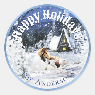 Winter Wonderland Feeërie, Sable Collie & Lammetje Ronde Sticker